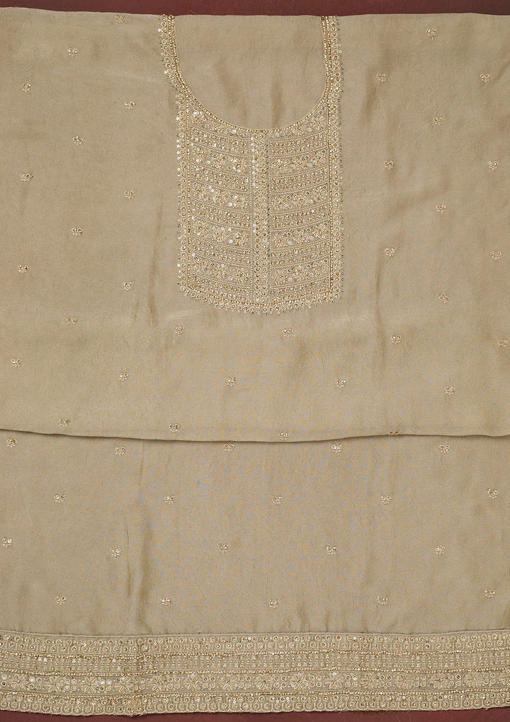 Pista Green Chinon Gold Zariwork Unstitched Dress Material With Matching Bottom And Dupatta