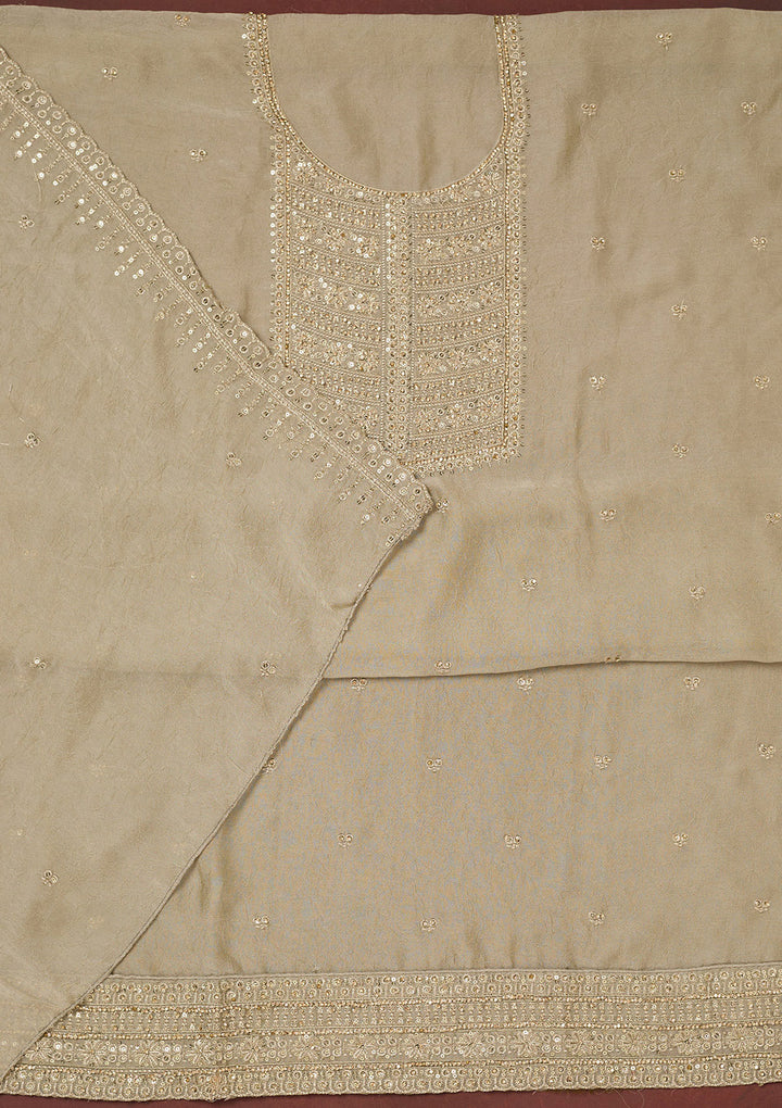 Pista Green Chinon Gold Zariwork Unstitched Dress Material With Matching Bottom And Dupatta