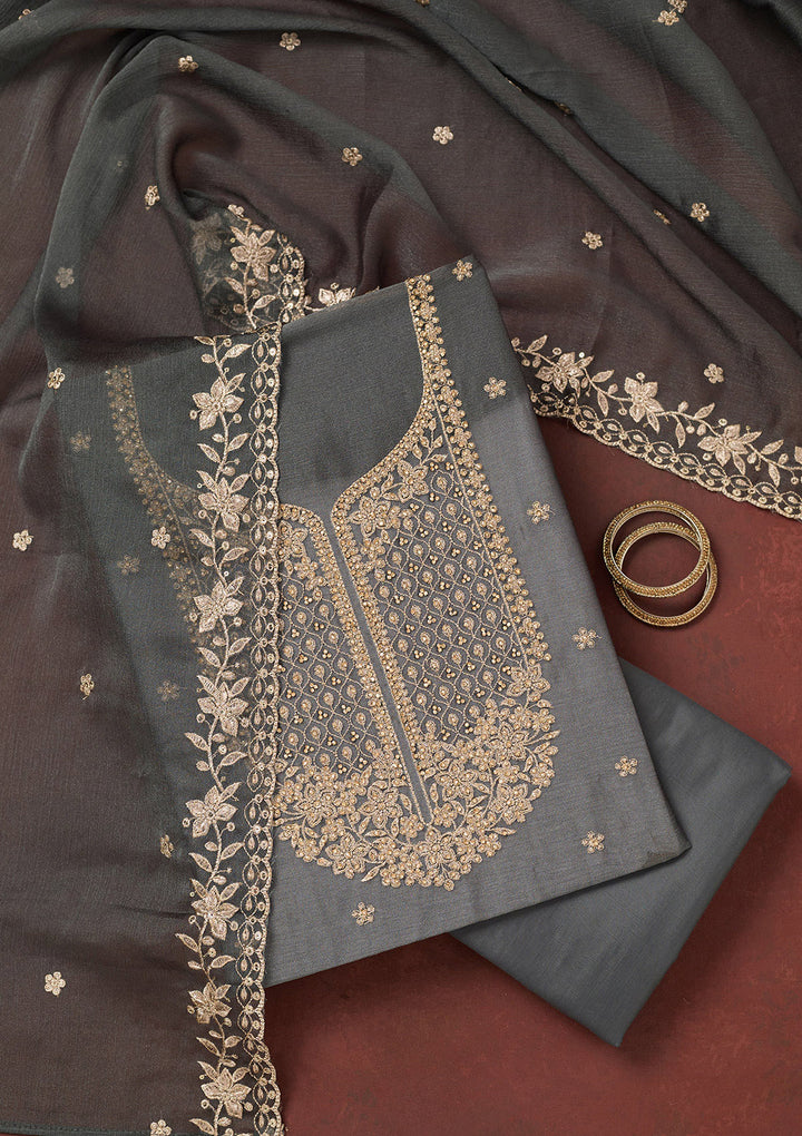 Dark Grey Chinon Gold Zariwork Unstitched Dress Material With Matching Bottom And Dupatta