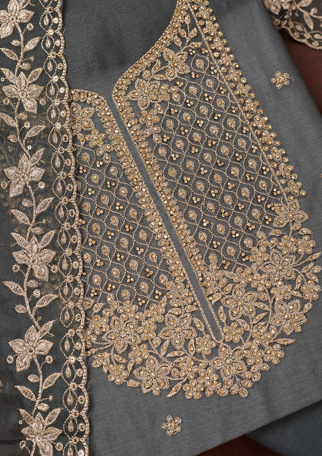 Dark Grey Chinon Gold Zariwork Unstitched Dress Material With Matching Bottom And Dupatta