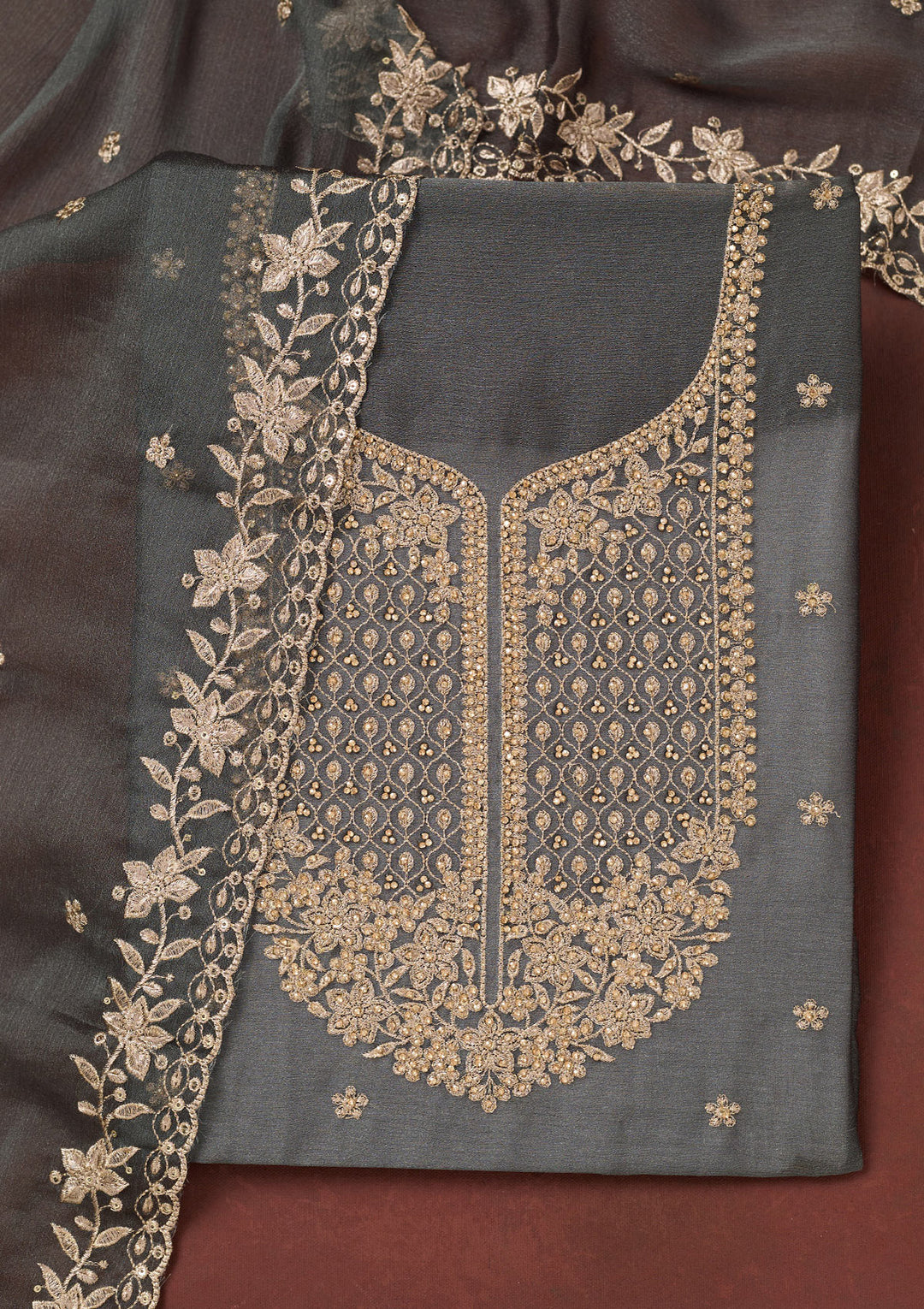Dark Grey Chinon Gold Zariwork Unstitched Dress Material With Matching Bottom And Dupatta