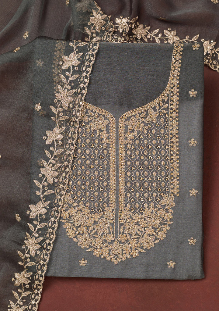Dark Grey Chinon Gold Zariwork Unstitched Dress Material With Matching Bottom And Dupatta