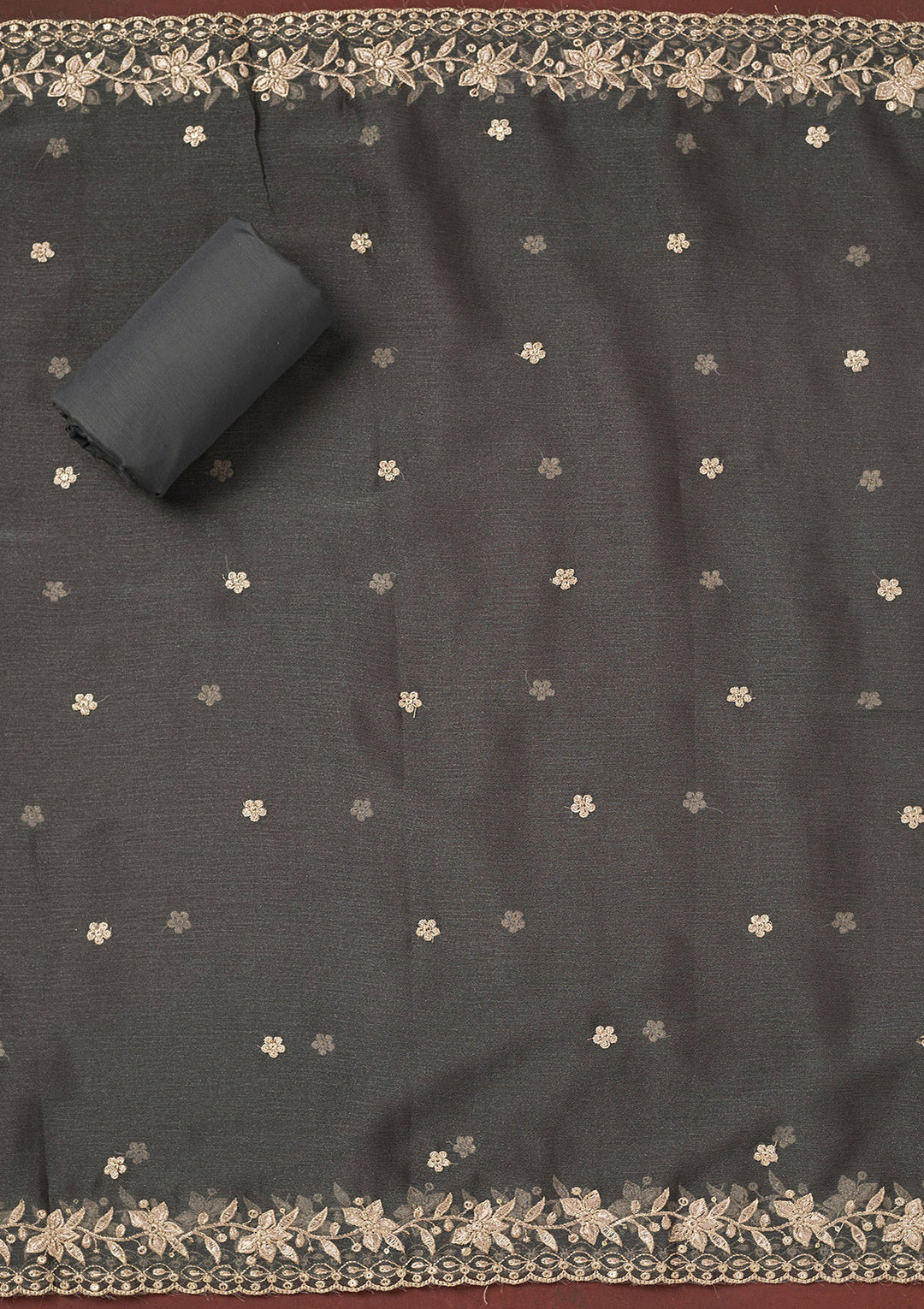 Dark Grey Chinon Gold Zariwork Unstitched Dress Material With Matching Bottom And Dupatta