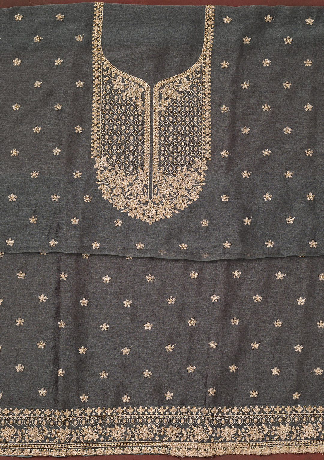 Dark Grey Chinon Gold Zariwork Unstitched Dress Material With Matching Bottom And Dupatta