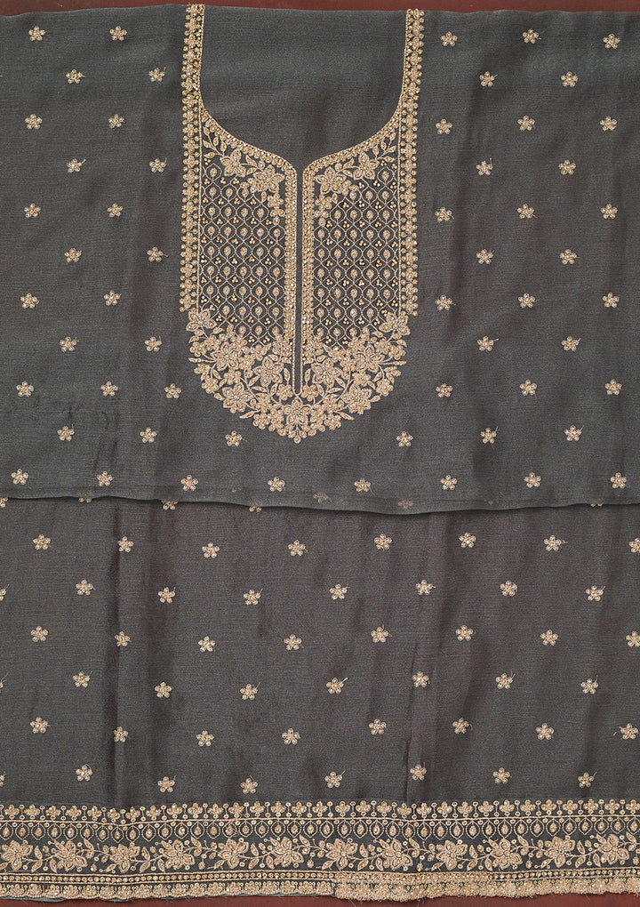 Dark Grey Chinon Gold Zariwork Unstitched Dress Material With Matching Bottom And Dupatta
