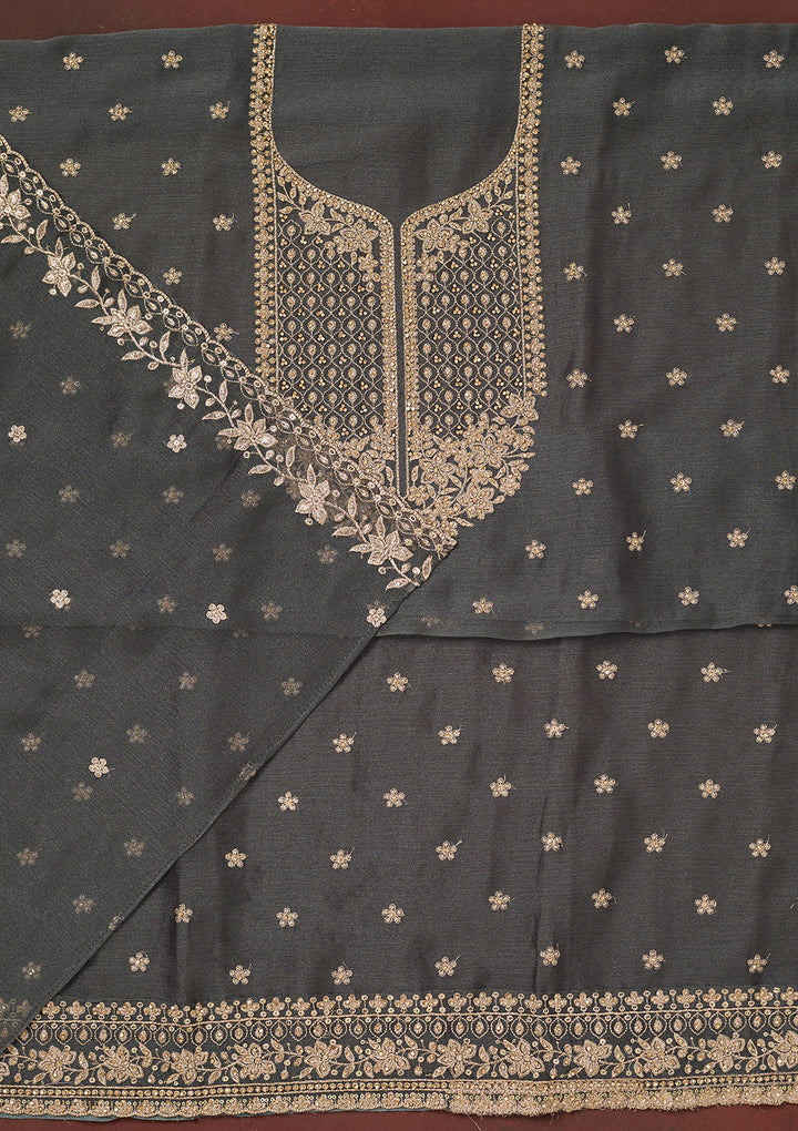 Dark Grey Chinon Gold Zariwork Unstitched Dress Material With Matching Bottom And Dupatta