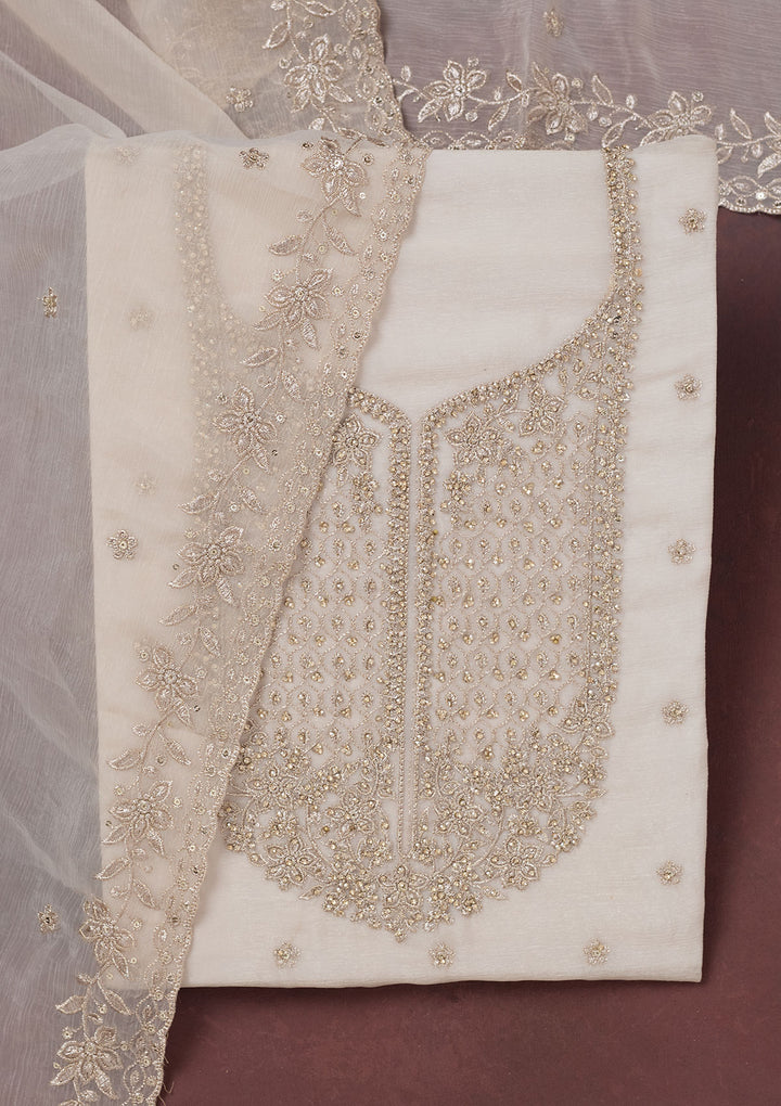 Off White Zariwork (Gold) Chinon Unstitched Salwar Suit