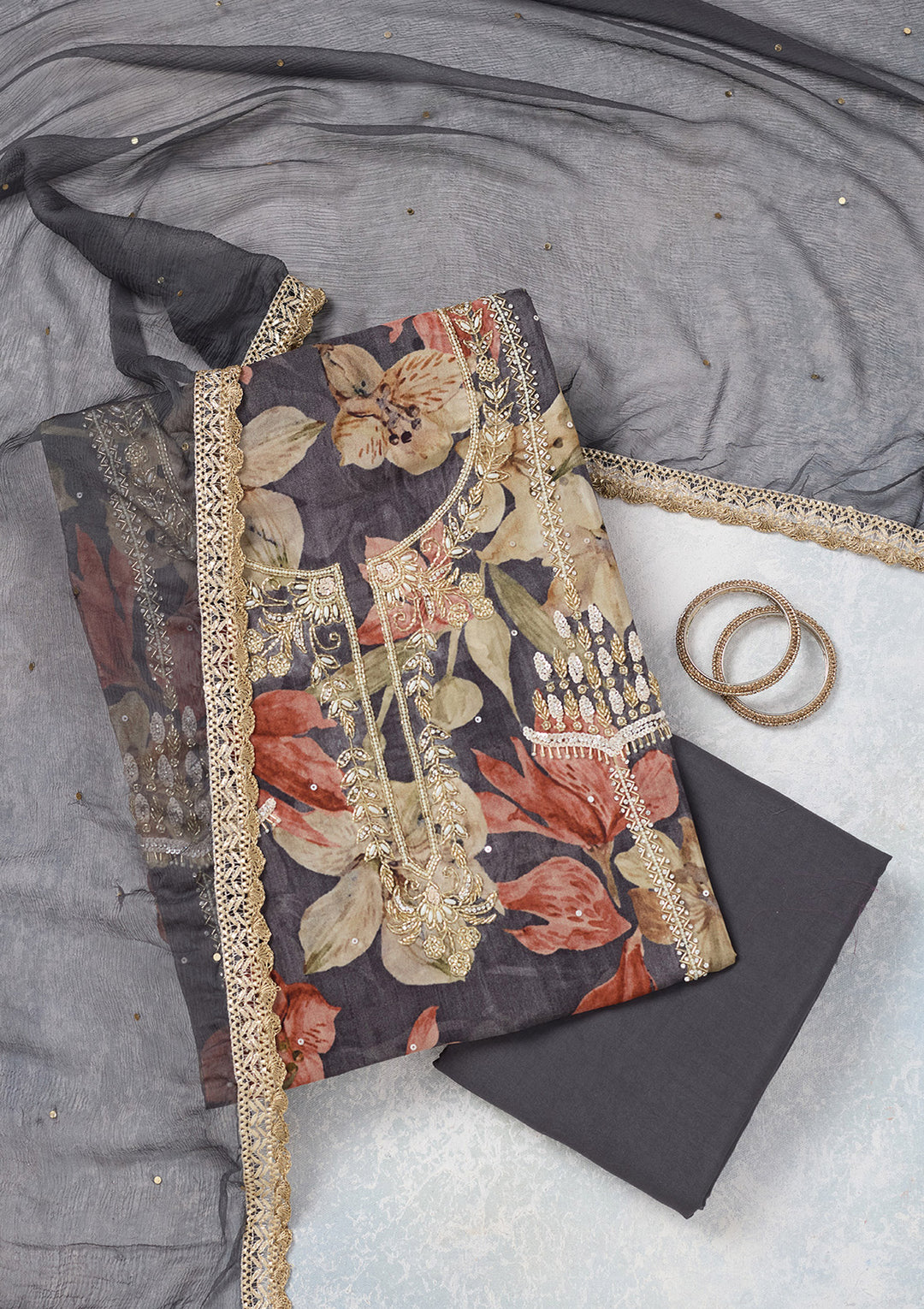Light Grey Multi Crepe Cutdana Unstitched Dress Material With Matching Bottom And Dupatta