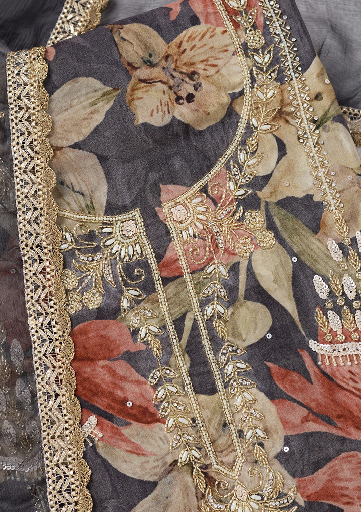 Light Grey Multi Crepe Cutdana Unstitched Dress Material With Matching Bottom And Dupatta