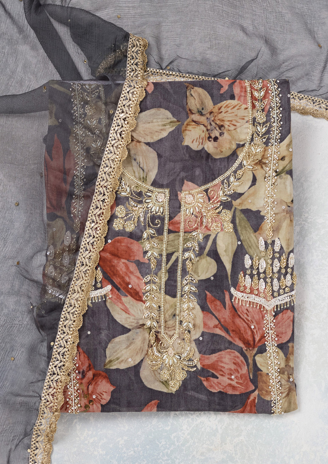 Light Grey Multi Crepe Cutdana Unstitched Dress Material With Matching Bottom And Dupatta