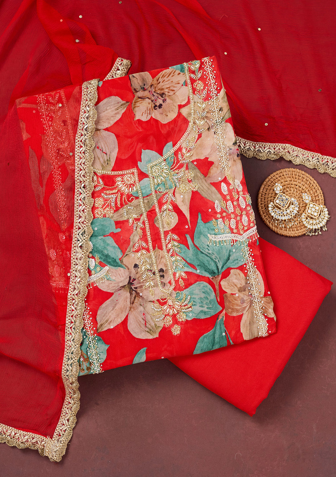 Red Multi Crepe Cutdana Unstitched Dress Material With Matching Bottom And Dupatta