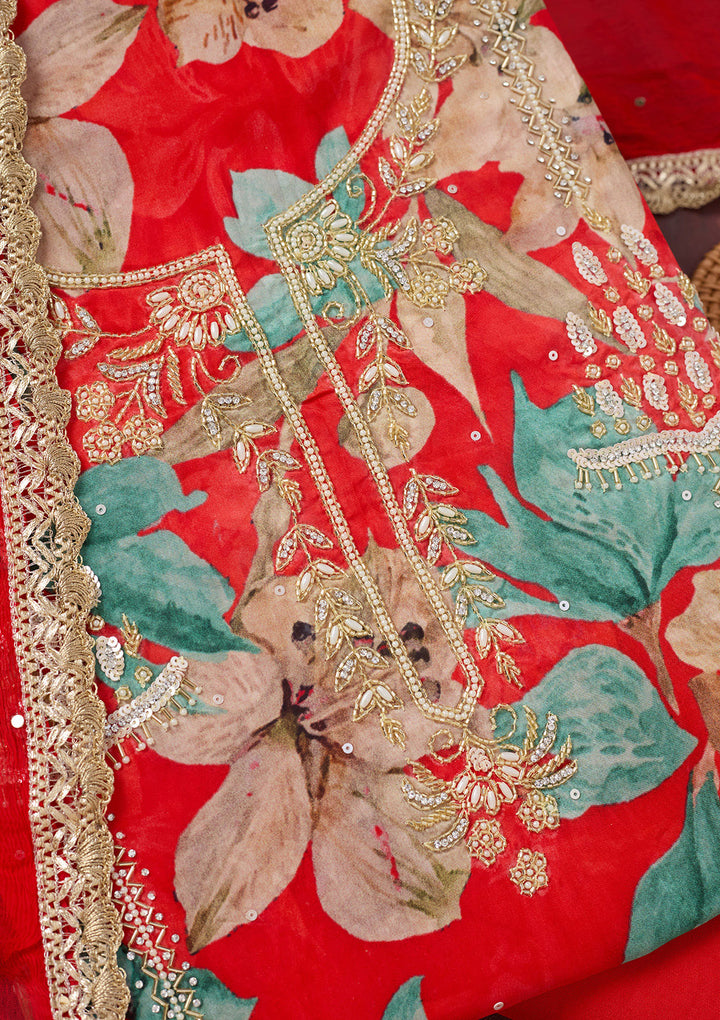 Red Multi Crepe Cutdana Unstitched Dress Material With Matching Bottom And Dupatta