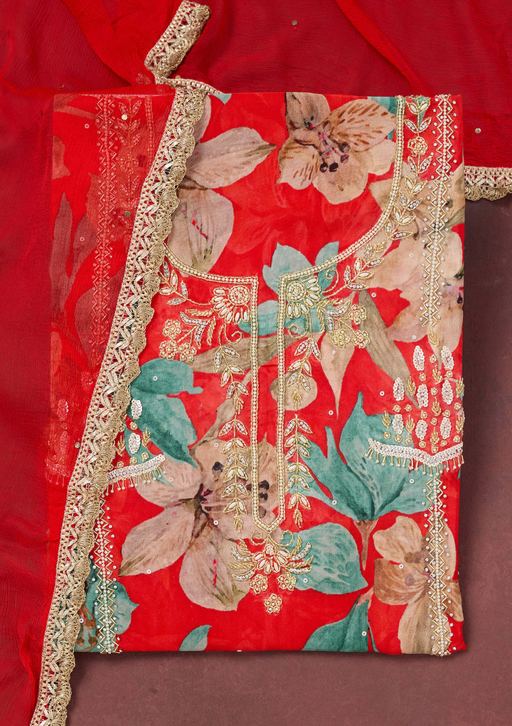 Red Multi Crepe Cutdana Unstitched Dress Material With Matching Bottom And Dupatta
