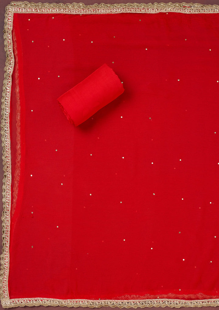 Red Multi Crepe Cutdana Unstitched Dress Material With Matching Bottom And Dupatta