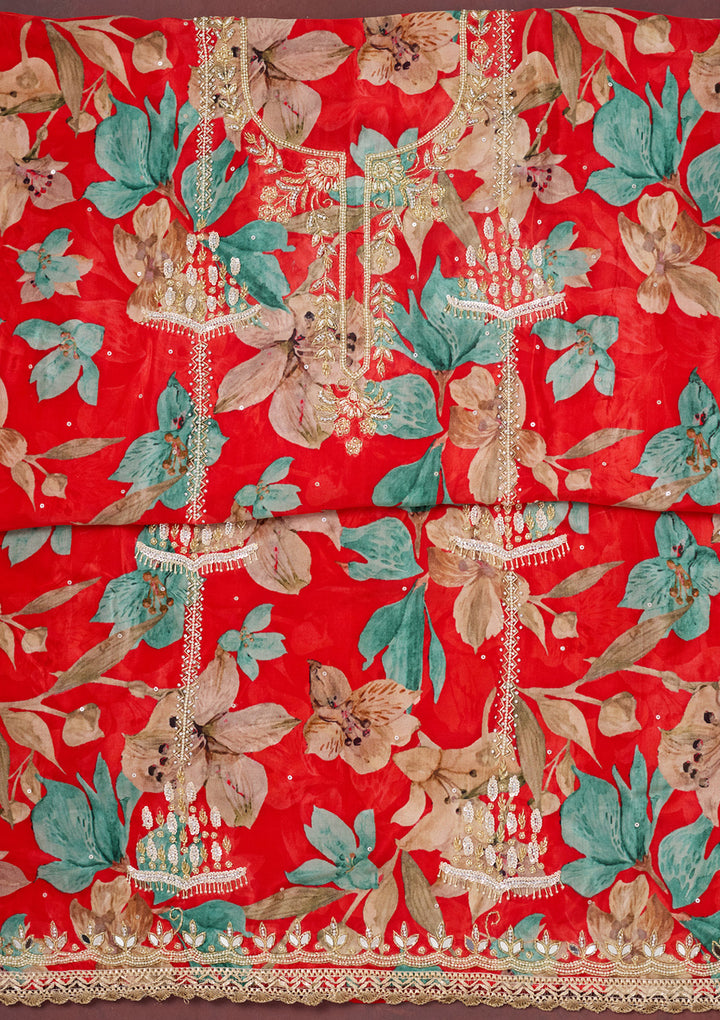 Red Multi Crepe Cutdana Unstitched Dress Material With Matching Bottom And Dupatta