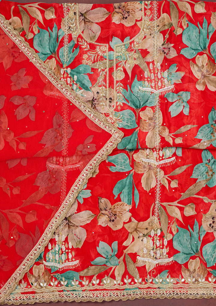 Red Multi Crepe Cutdana Unstitched Dress Material With Matching Bottom And Dupatta