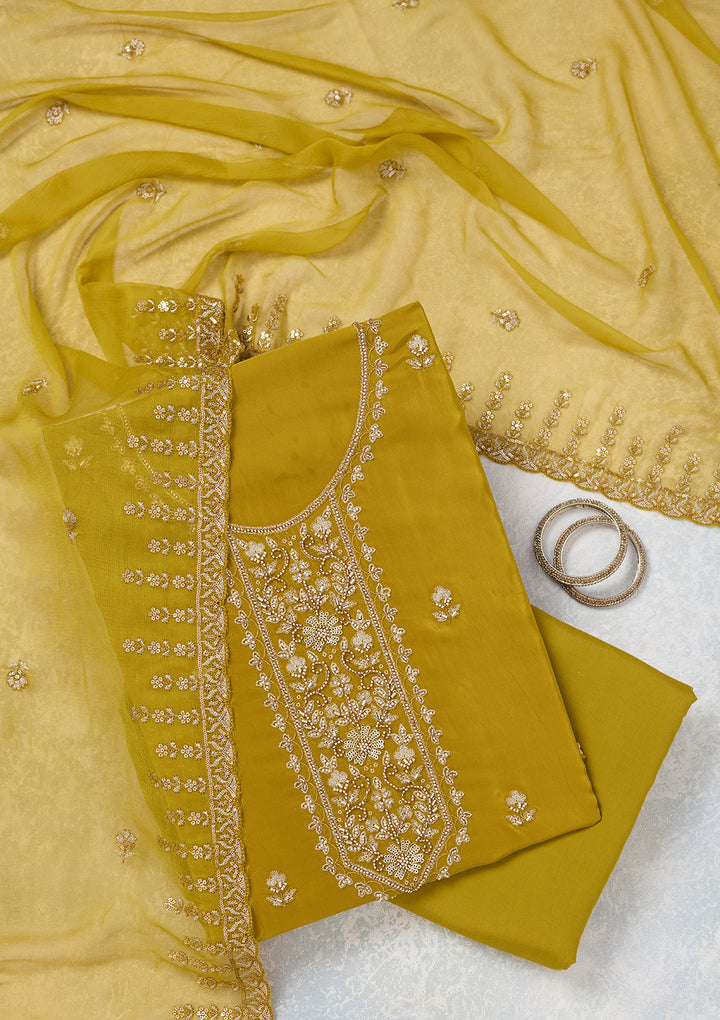 Mehendi Crepe Threadwork Unstitched Dress Material With Matching Bottom And Dupatta