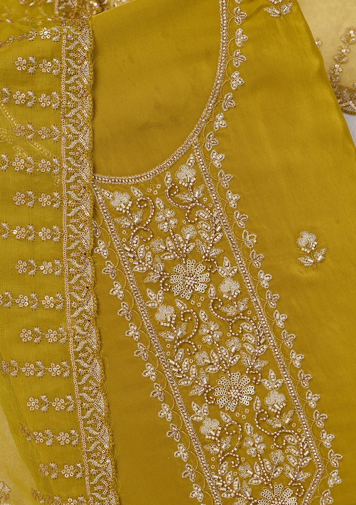 Mehendi Crepe Threadwork Unstitched Dress Material With Matching Bottom And Dupatta