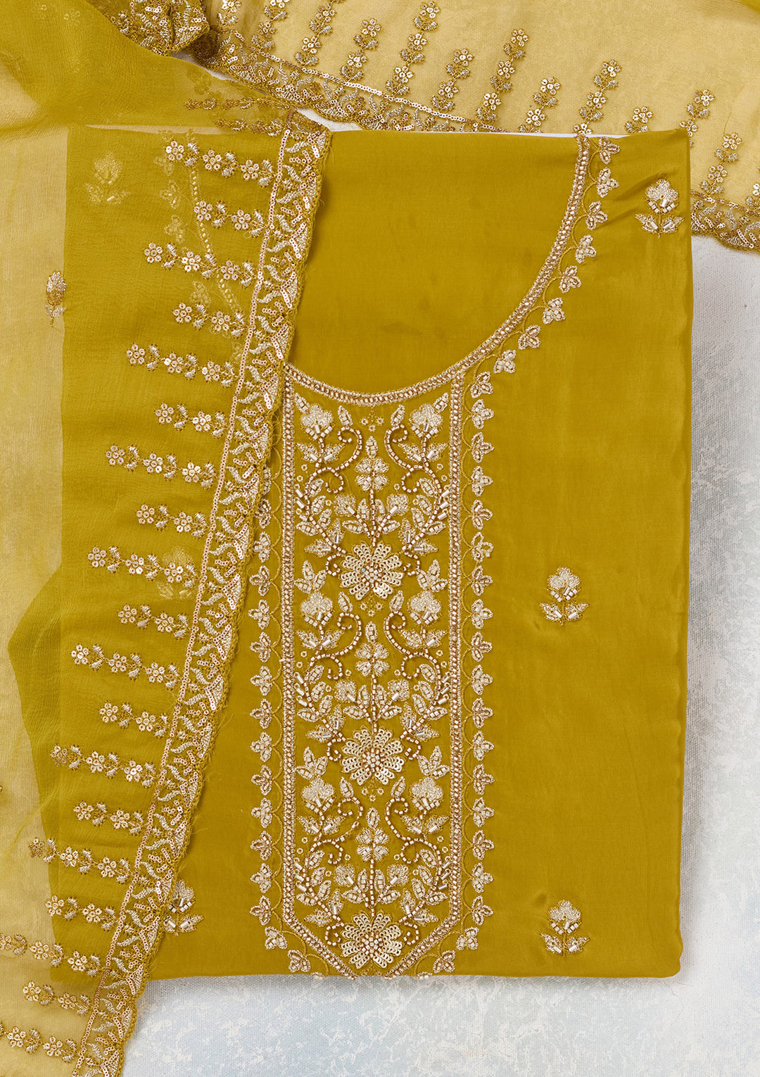 Mehendi Crepe Threadwork Unstitched Dress Material With Matching Bottom And Dupatta