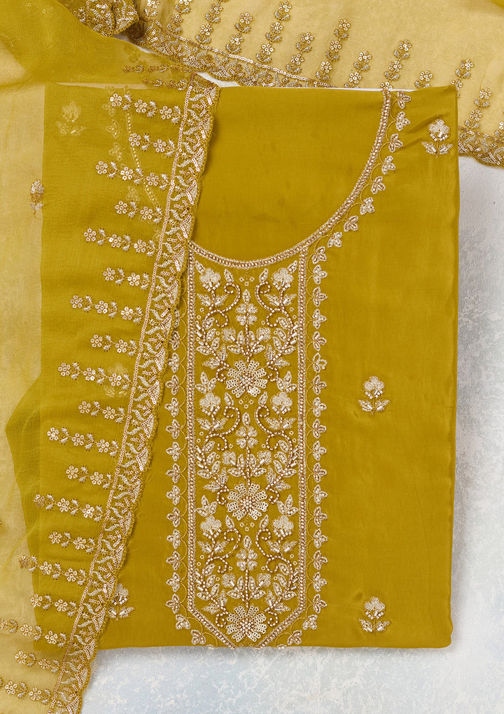 Mehendi Crepe Threadwork Unstitched Dress Material With Matching Bottom And Dupatta