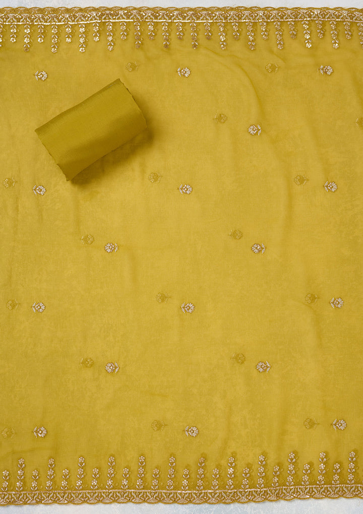 Mehendi Crepe Threadwork Unstitched Dress Material With Matching Bottom And Dupatta