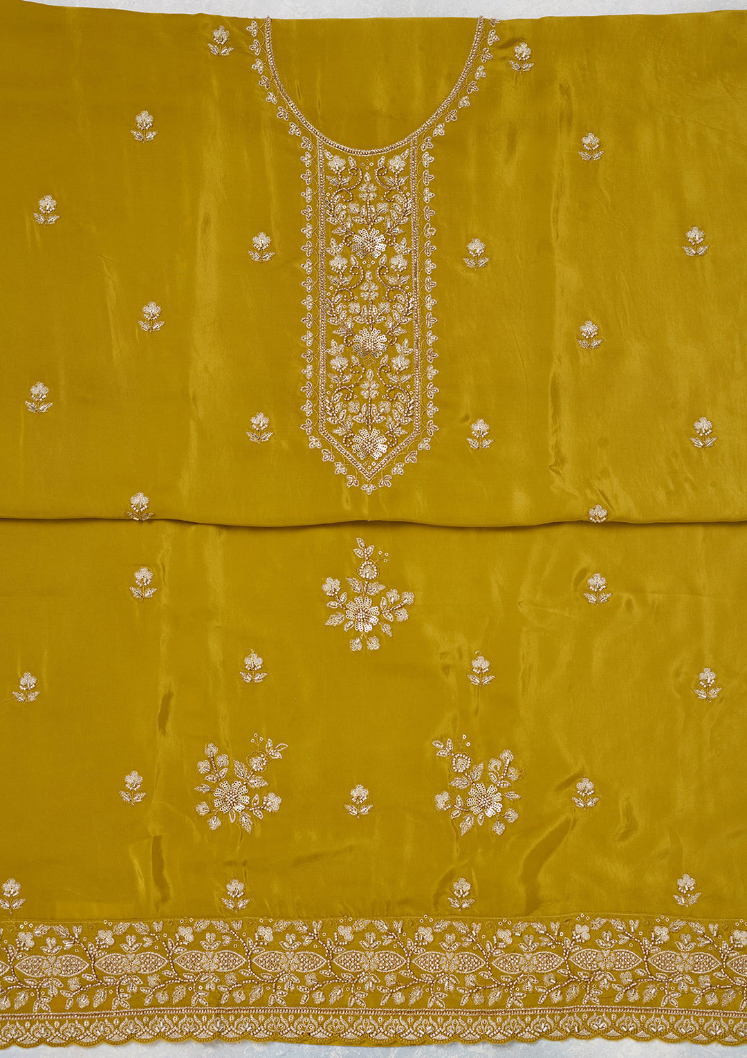 Mehendi Crepe Threadwork Unstitched Dress Material With Matching Bottom And Dupatta