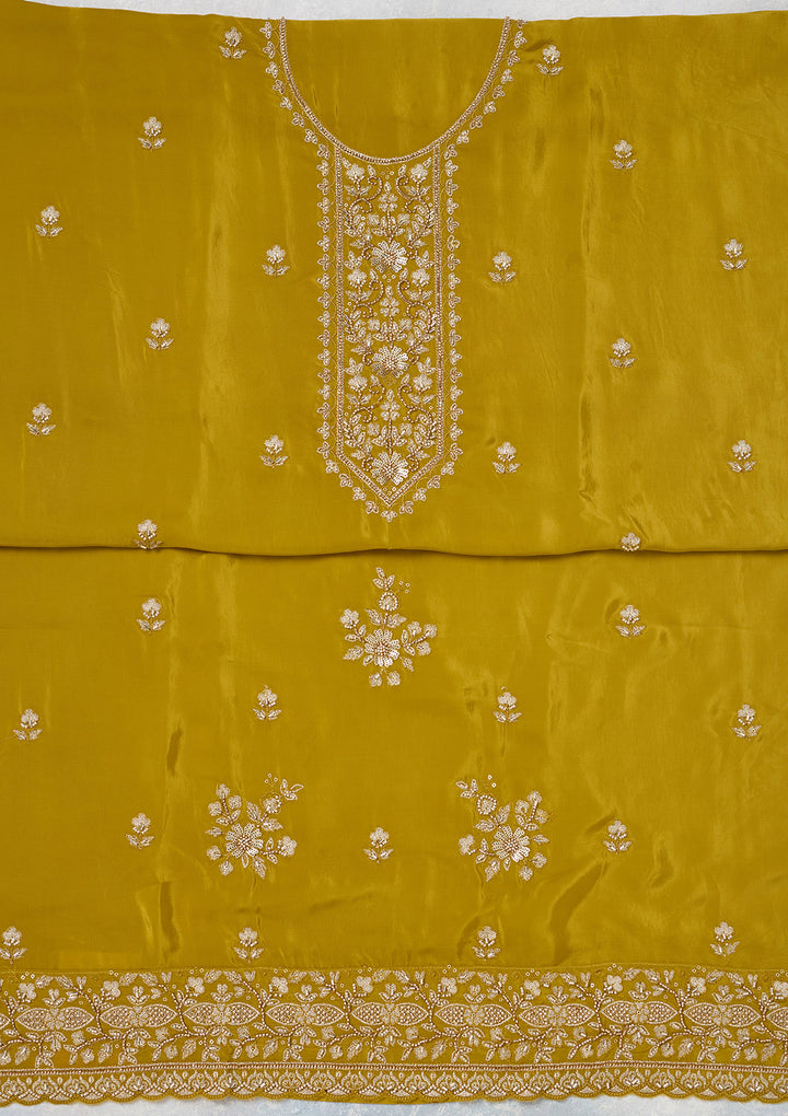 Mehendi Crepe Threadwork Unstitched Dress Material With Matching Bottom And Dupatta