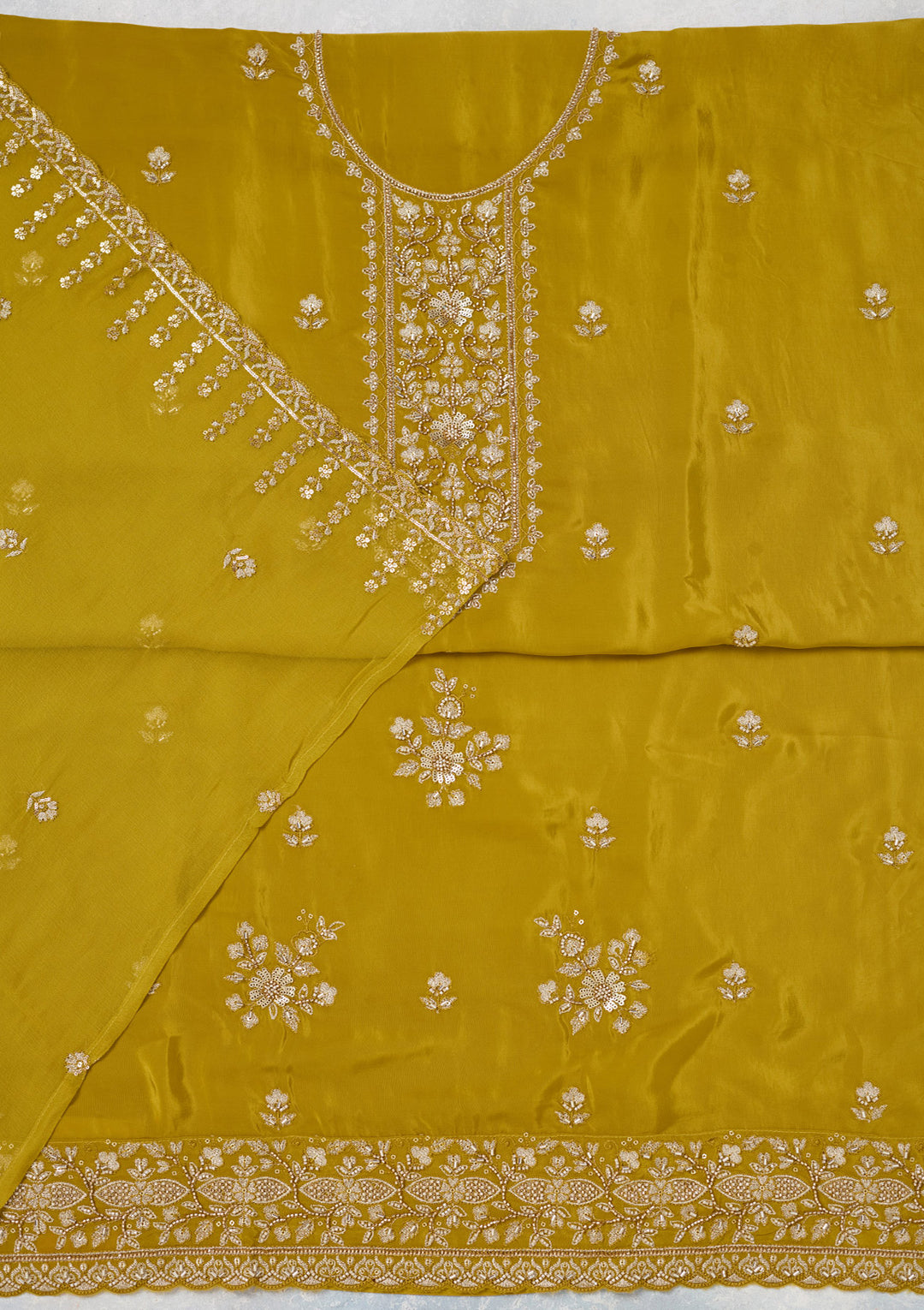 Mehendi Crepe Threadwork Unstitched Dress Material With Matching Bottom And Dupatta
