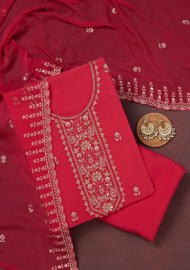 Rani Pink Crepe Threadwork Unstitched Dress Material With Matching Bottom And Dupatta