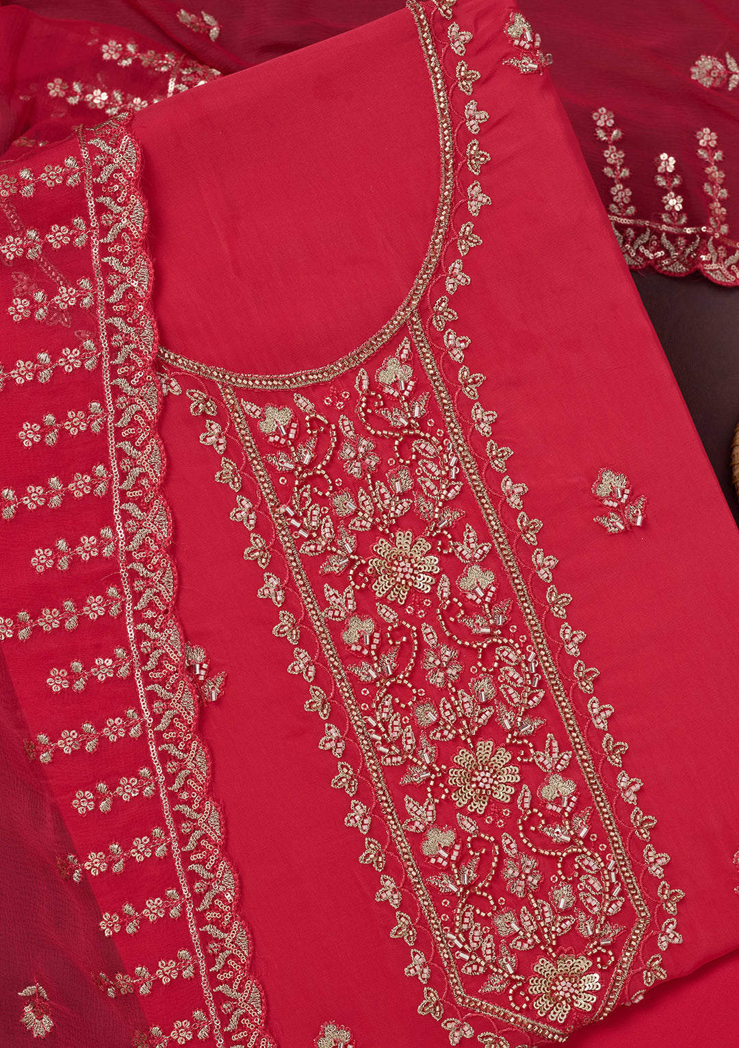 Rani Pink Crepe Threadwork Unstitched Dress Material With Matching Bottom And Dupatta