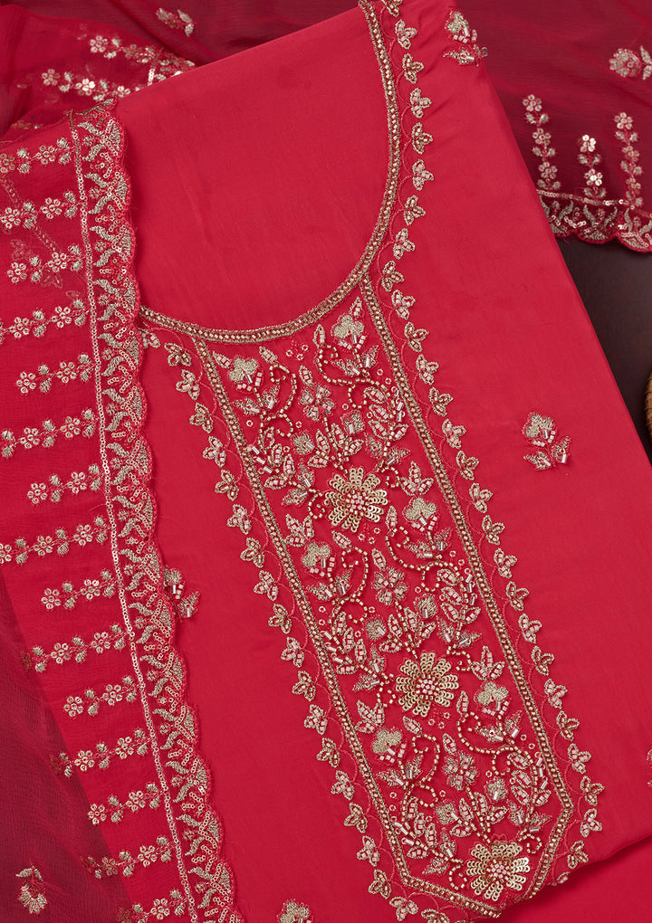 Rani Pink Crepe Threadwork Unstitched Dress Material With Matching Bottom And Dupatta