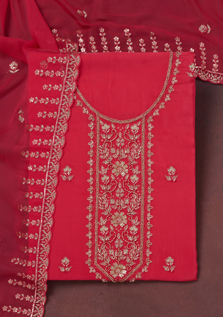Rani Pink Crepe Threadwork Unstitched Dress Material With Matching Bottom And Dupatta