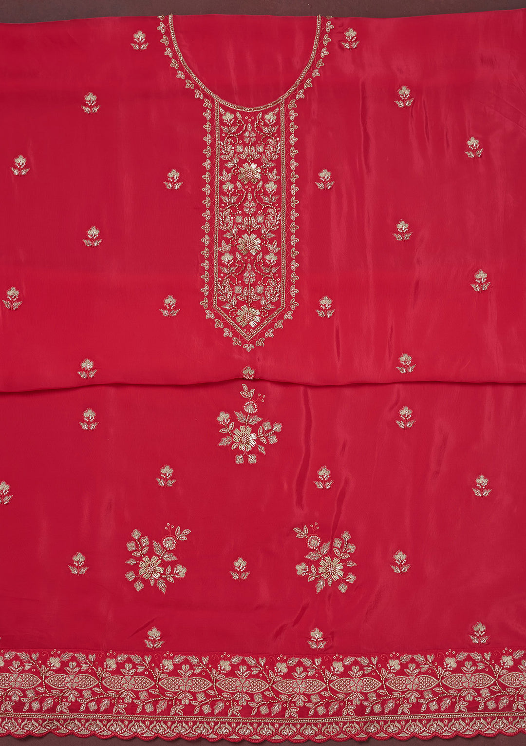 Rani Pink Crepe Threadwork Unstitched Dress Material With Matching Bottom And Dupatta