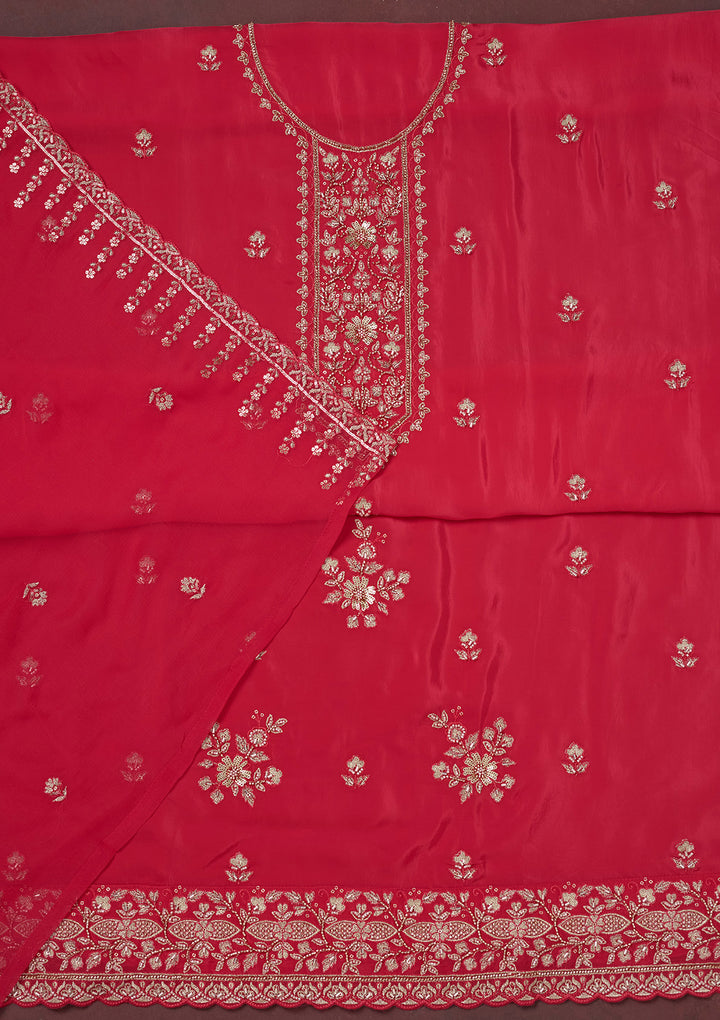 Rani Pink Crepe Threadwork Unstitched Dress Material With Matching Bottom And Dupatta