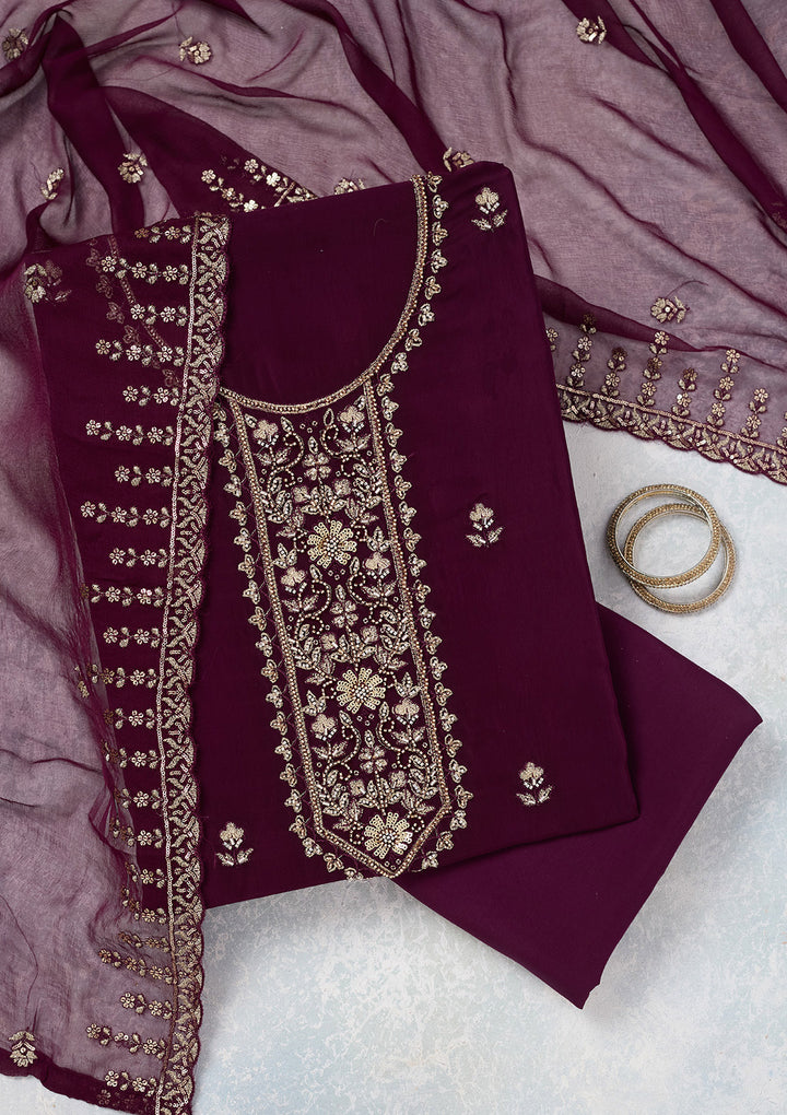Wine Crepe Threadwork Unstitched Dress Material With Matching Bottom And Dupatta