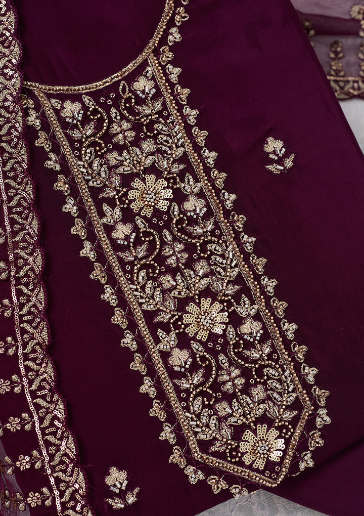 Wine Crepe Threadwork Unstitched Dress Material With Matching Bottom And Dupatta