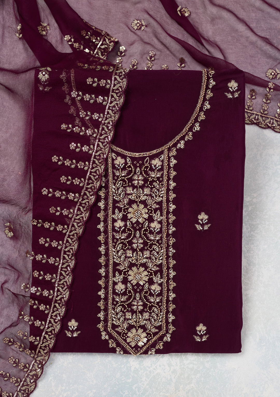 Wine Crepe Threadwork Unstitched Dress Material With Matching Bottom And Dupatta