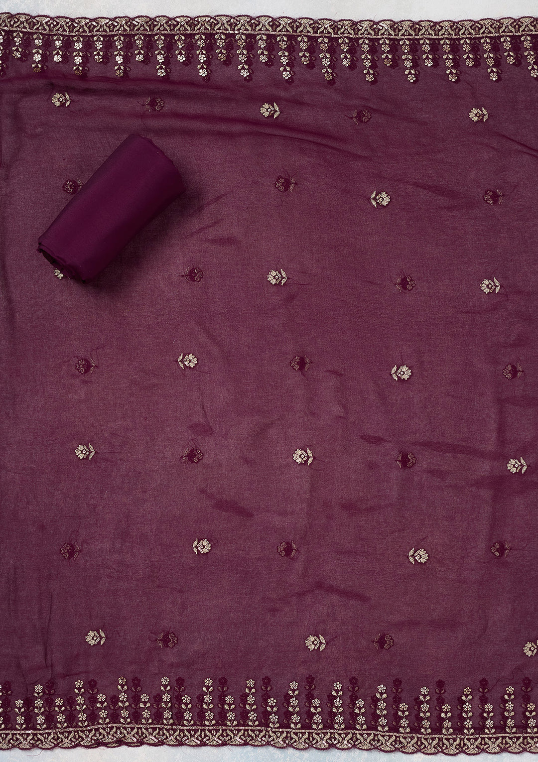 Wine Crepe Threadwork Unstitched Dress Material With Matching Bottom And Dupatta