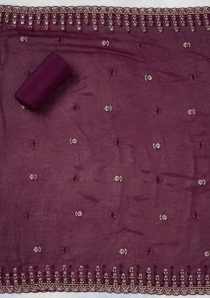 Wine Crepe Threadwork Unstitched Dress Material With Matching Bottom And Dupatta