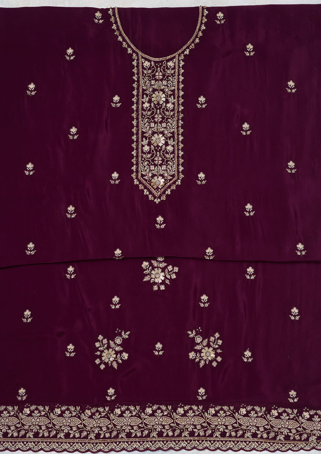Wine Crepe Threadwork Unstitched Dress Material With Matching Bottom And Dupatta