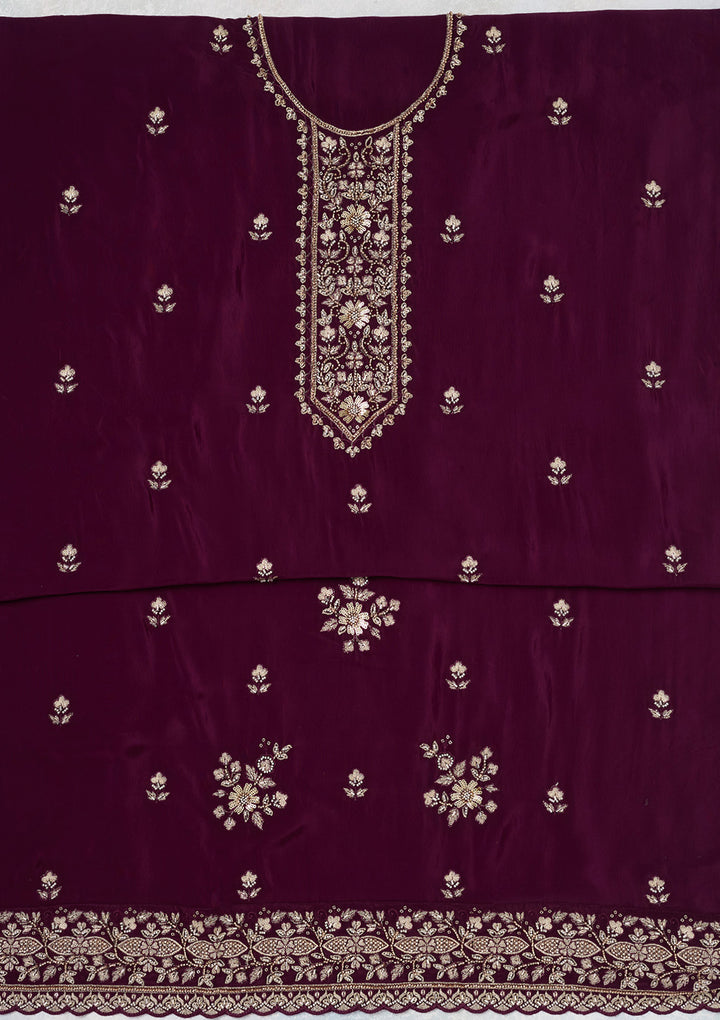 Wine Crepe Threadwork Unstitched Dress Material With Matching Bottom And Dupatta