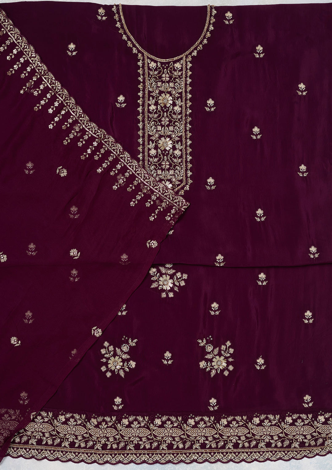 Wine Crepe Threadwork Unstitched Dress Material With Matching Bottom And Dupatta
