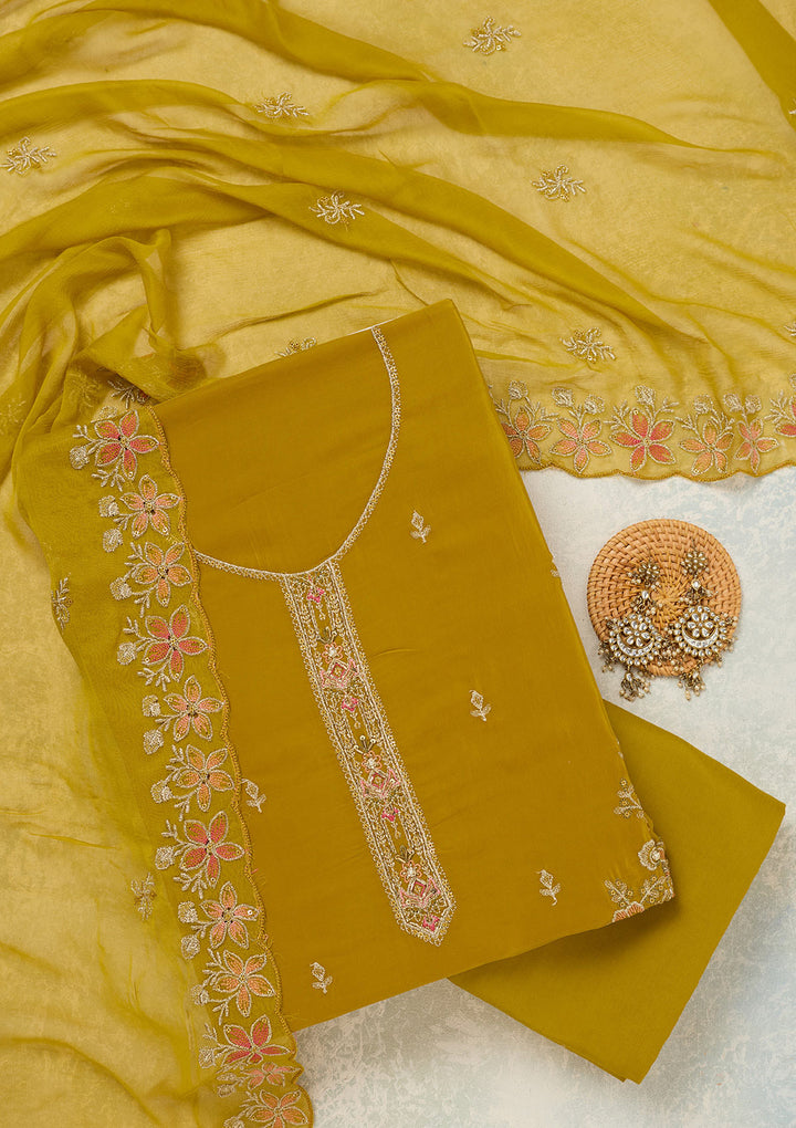 Mehendi Crepe Threadwork Unstitched Dress Material With Matching Bottom And Dupatta