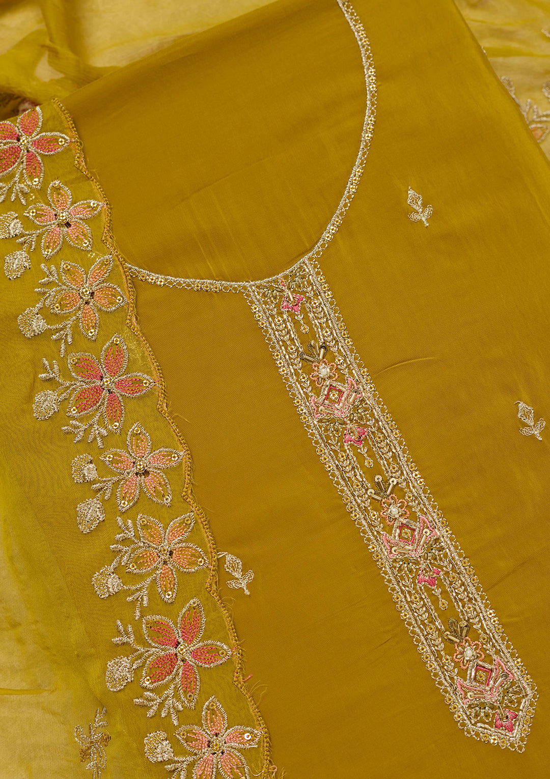 Mehendi Crepe Threadwork Unstitched Dress Material With Matching Bottom And Dupatta