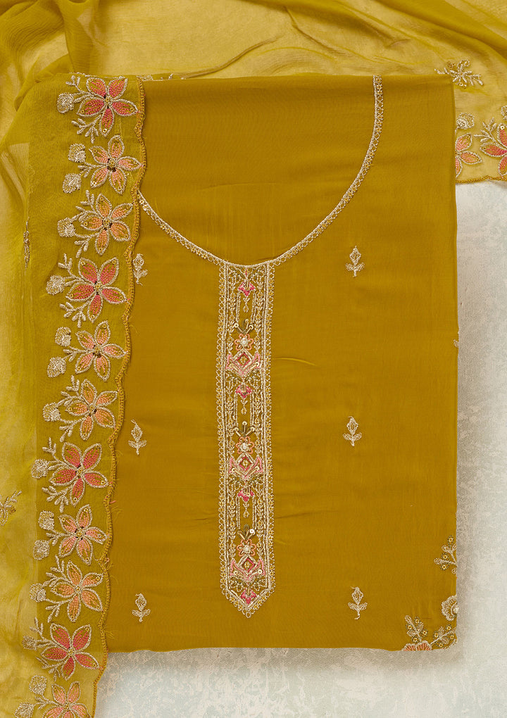 Mehendi Crepe Threadwork Unstitched Dress Material With Matching Bottom And Dupatta