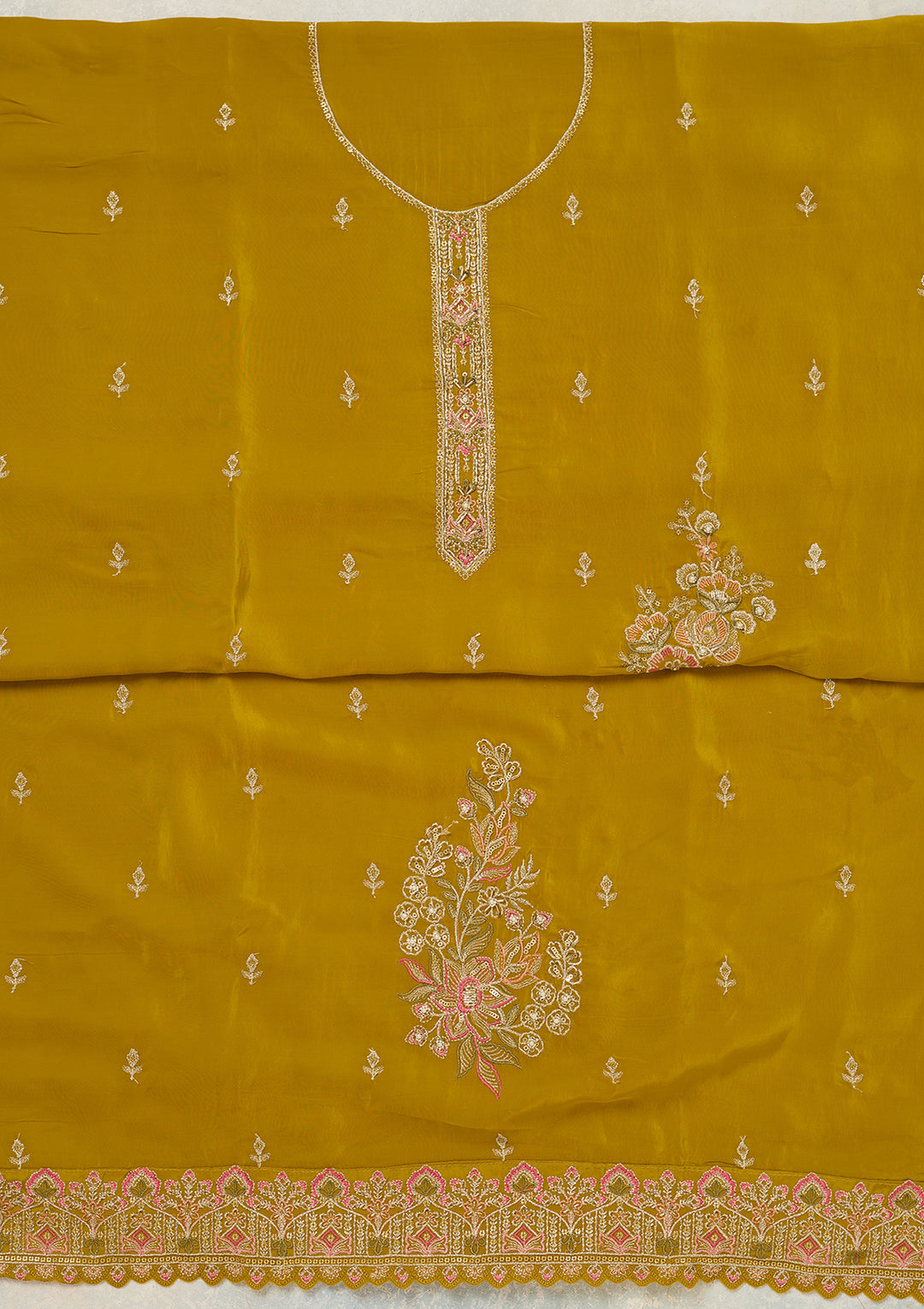 Mehendi Crepe Threadwork Unstitched Dress Material With Matching Bottom And Dupatta
