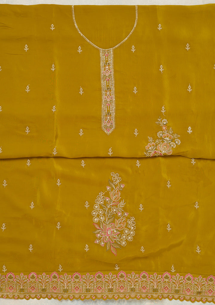 Mehendi Crepe Threadwork Unstitched Dress Material With Matching Bottom And Dupatta