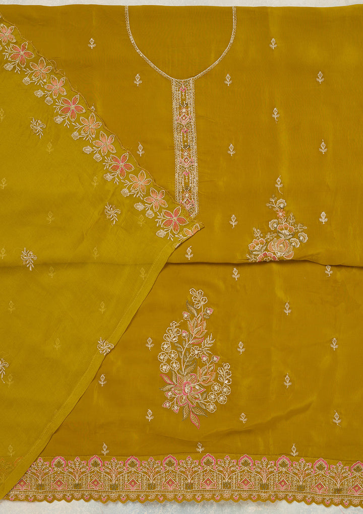 Mehendi Crepe Threadwork Unstitched Dress Material With Matching Bottom And Dupatta