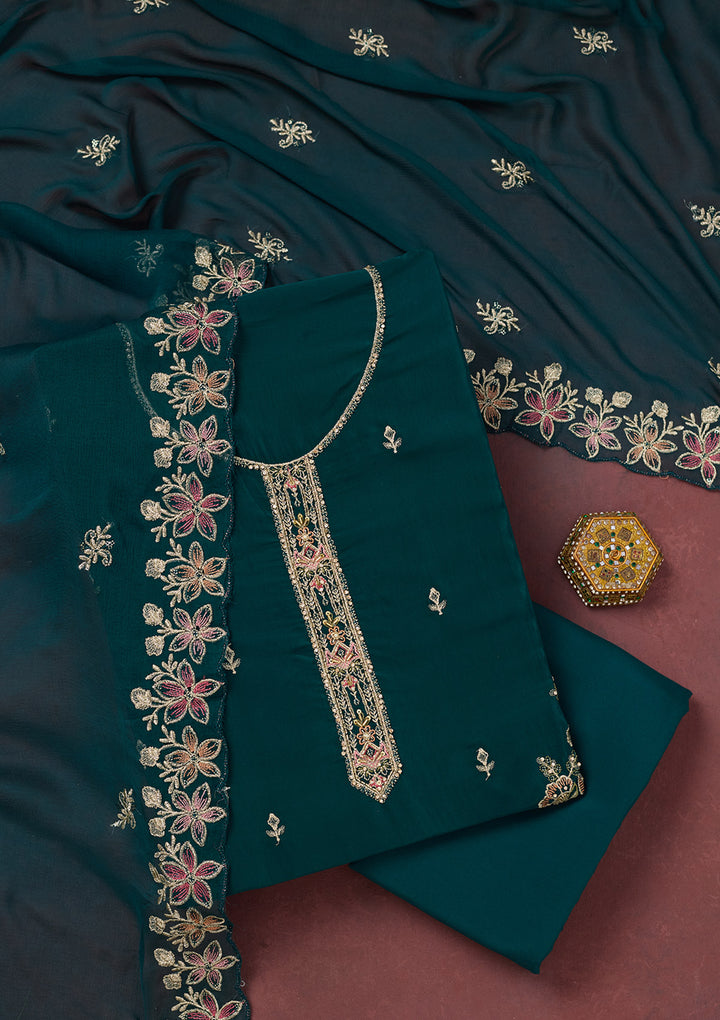 Peacock Blue Crepe Threadwork Unstitched Dress Material With Matching Bottom And Dupatta