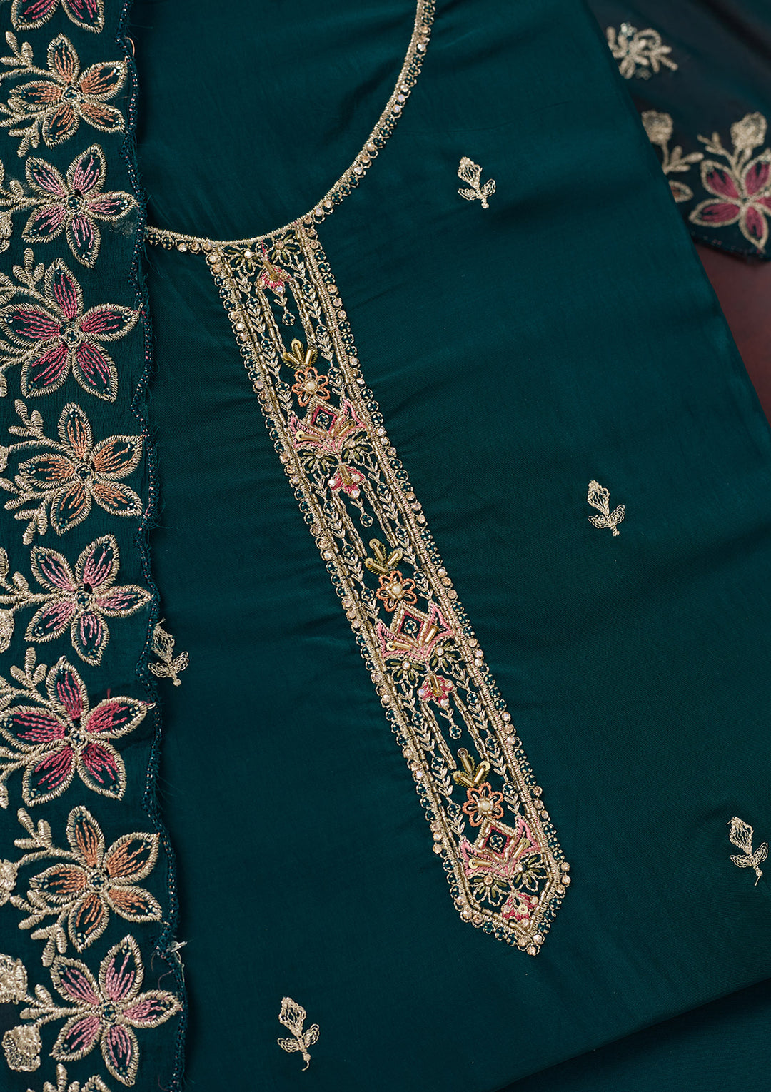 Peacock Blue Crepe Threadwork Unstitched Dress Material With Matching Bottom And Dupatta